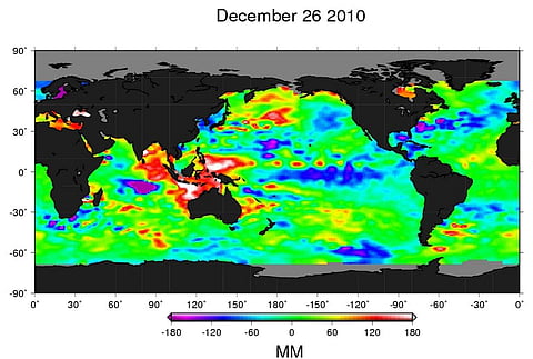 This Ocean Surface Topography Mission (OSTM)/Jason-2 satellite image of the Pacific Ocean from December 26, 2010 and obtained on January 13, 2011 from NASA. | AFP