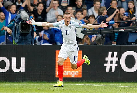 England's Jamie Vardy celebrates after scoring his side's first goal during the Euro 2016 Group B soccer match between England and Wales at the Bollaert stadium in Lens, France. |AP