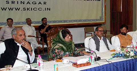 Chief Minister of Jammu and Kashmir Mehbooba Mufti chairs an all party meeting to discuss law and order situations following the killings of 44 civilians at SKICC in Srinagar on Thursday. (PTI) 