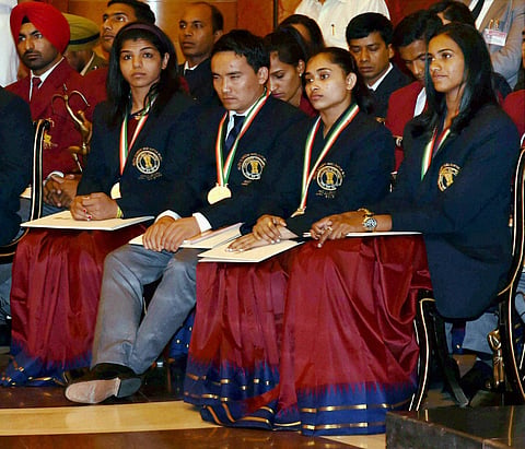 Sakshi Malik, Jitu Rai, Dipa Karmakar and PV Sindhu at the award function. (PTI)