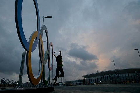 Olympic rings set up outside the Olympic Aquatics Stadium at Olympic Park ahead of the 2016 Summer Olympics in Rio de Janeiro, Brazil. (AP)