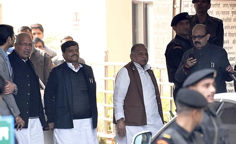 SP leader Mulayam Singh Yadav and party UP chief Shivpal Yadav along with RS member Amar Singh arrive for a meeting with Election Commission officials in New Delhi on Monday | shekhar yadav