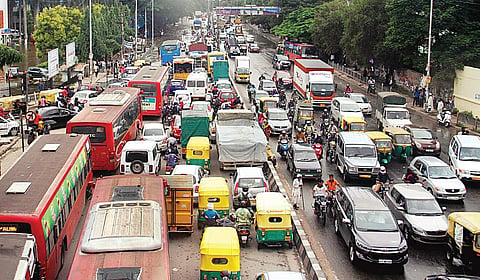 A regular scene at Silk Board, where traffic moves at a snail’s pace  | EXPRESS