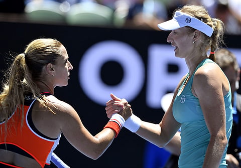 Russia's Ekaterina Makarova, right, is congratulated by Slovakia's Dominika Cibulkova after winning their third round match at the Australian Open tennis championships in Melbourne, Australia, Saturday, Jan. 21, 2017. | AP
