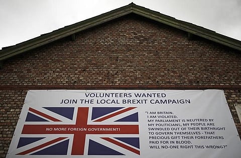 A banner encouraging people to support a local Brexit campaign hangs on the side of a building in Altrincham, Britain May 3, 2016.  | Reuters