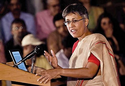 Professor Nandini Sundar  delivers a lecture on the civil war in Bastar, at Saptaparini in Hyderabad on Wednesday | vinay madapu