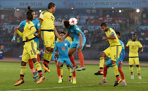 India's Jeakson Thounaojam 15 scoring India's first goal during the FIFA U-17 World Cup 2017 football match against Colombia in New Delhi on Monday.|PTI