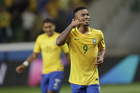 Brazil's Gabriel Jesus celebrates after scoring against Chile, during a World Cup qualifying soccer match in Sao Paulo, Brazil, Tuesday, Oct. 10, 2017. | AP