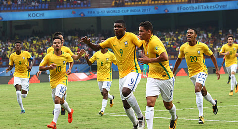 Brazil team celebrating the match after scoring against Spain in the U17 WC. (File photo | EPS)
