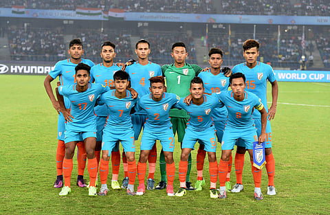Indian players pose for a group photograph during the FIFA U-17 World Cup 2017.|PTI