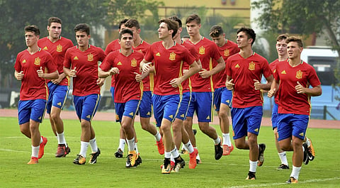 Players of Spanish team during a practise session ahead of their FIFA U-17 World Cup match in Guwahati.|PTI