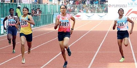 Aparna Roy of St Joseph’s HS, Pullurampara, winning the senior girls’ 200 metres race