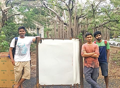 Gopinath P with fellow classmates and prototype of the temporary shelter.  They are soon going to launch a startup around their concept