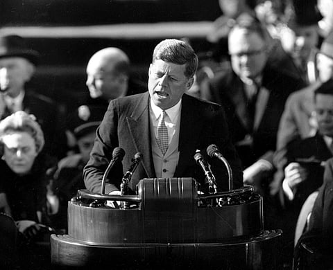 In this Jan. 20, 1961 file photo, President John F. Kennedy delivers his inaugural address after taking the oath of office on Capitol Hill in Washington.  (AP)