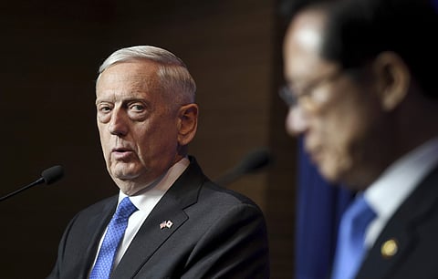 U.S. Secretary of Defense Jim Mattis, left, and South Korea Defense Minister Song Young-moo hold a joint press conference after the Security Consultative Meeting (SCM) at the Defense Ministry on Oct. 28, 2017, in South Korea. (Photo | AP)