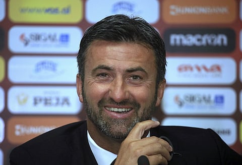 In this Wednesday, July 19, 2017 file photo Albania's national team Italian coach Christian Panucci speaks at a news conference in Tirana. | AP