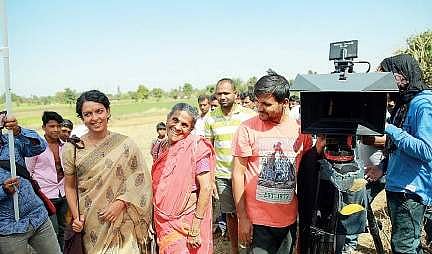 Daya Bai with actor Bidita Bag and the crew of during the shoot