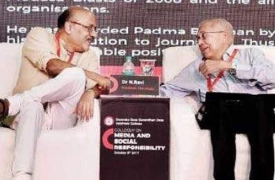 Veteran journalist Shekhar Gupta (L) and N Ravi, Publisher of The Hindu, during the ‘Colloquy on Media and Social Responsibility’, organised by DG Vaishnav College in the city on Friday. (Photo | P Jawahar)
