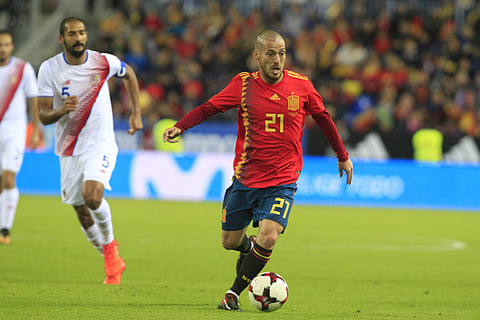 Spain's David Silva dribbles the ball during the international friendly soccer match between Spain and Costa Rica in Malaga. | AP