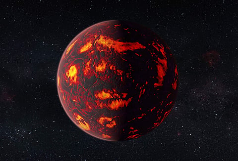 This artist’s impression shows the exoplanet 55 Cancri e as close-up. (ESA/Hubble/M. Kornmesser)