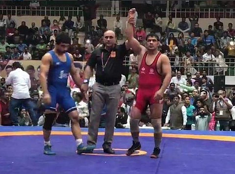 Two-time Olympic medallist Sushil Kumar won the gold medal in men's 74 kilogram freestyle competition of National Wrestling Championship (Photo | ANI Twitter)