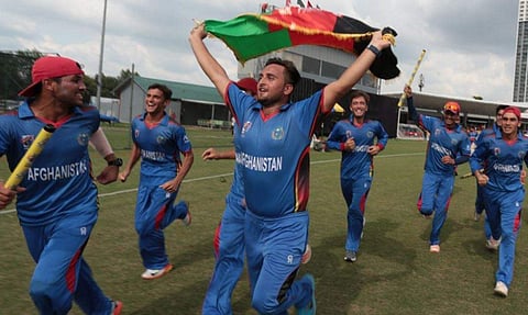 Afghanistan Under-19 players celebrating after beating Pakistan in the final of the U-19 Asia Cup tournament on Sunday. | Picture Courtesy: @ACCMedia1