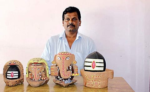 Balakrishna with his coconut husk and shell carvings  | Express