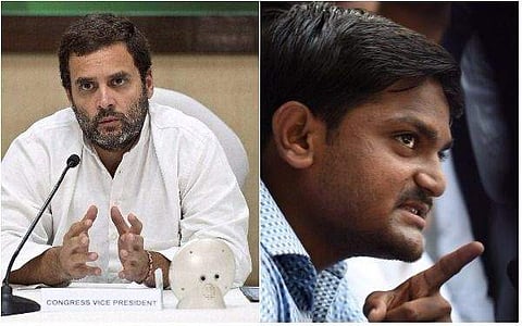 Congress leader Rahul Gandhi (L) and Patidar Anamat Andolan Samiti leader Hardik Patel (R). (File | Agencies)