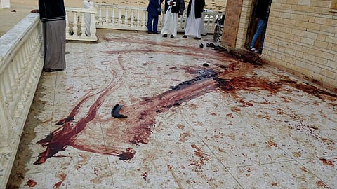 A blood trail on the veranda of Al-Rawda Mosque, a day after attackers killed hundreds of worshippers, on Saturday | AP