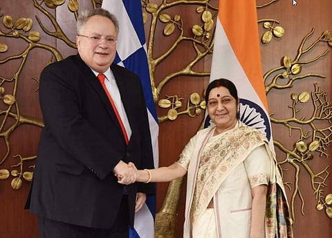 External Affairs Minister Sushma Swaraj and her Greek counterpart Nikos Kotzias  (Photo | Twitter/Raveesh Kumar)