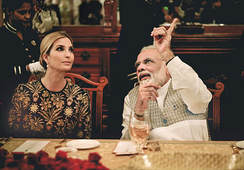 Indian PM Modi hosting Ivanka Trump, daughter and advisor of US President Donald Trump at Faluknama Palace in Hyderabad.(Photo | PTI )