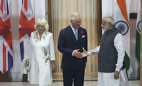 PM Modi shakes hand with Prince Charles as his wife Camilla looks on before a meeting in New Delhi on Wednesday.  (EPS | Shekhar Yadav)