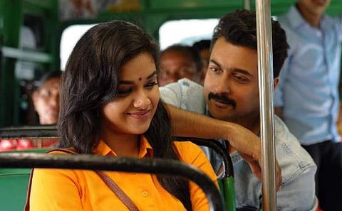 Keerthi Suresh and Suriya in 'Thaane Serntha Kootam'. (Photo | Twitter)