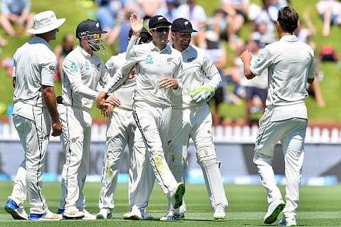 New Zealand's Trent Boult (C) celebrates the fall of a West Indies wicket during a test match. (File | AFP)