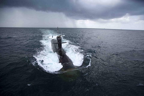 INS Kalvari, first made-in-India Scorpene class submarine commissioned into the Navy. (Photo | ANI)