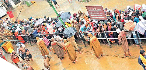 Braving heavy rain, pilgrims wait in jampacked queue for darshan of Lord Ayyappa at  Sabarimala on Friday |  SHAJI VETTIPURAM