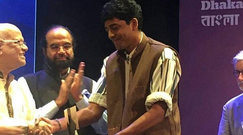 Anuk Arudpragasam in a picture from the DSC Prize for South Asian Literature 2017 ceremony earlier this year. With the Shakti Bhatt prize, it will be his second literary feat (Twitter Photo | the DSC Prize).