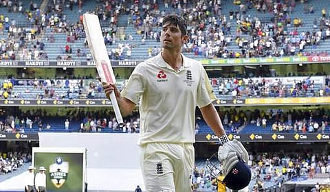 England's Alastair Cook waves his bat while walking off at stumps after making 100 runs against Australia on the second day of their Ashes cricket test match in Melbourne, Australia, Wednesday, Dec. 27, 2017. (AP)
