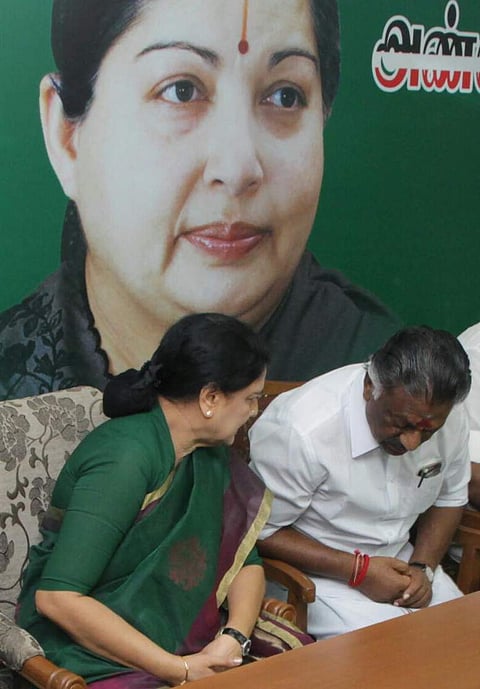 V K Sasikala with former chief minister O Panneerselvam at the AIADMK office on Sunday.  (EPS | Ashwin Prasath)