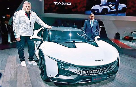 Tata Motors chief executive officer Guenter Butschek (left) and Tata Sons chairman N Chandrasekaran with the Tamo Racemo sportscar in Geneva  | PTI