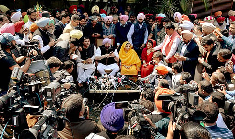 PPCC President Capt Amrinder Singh addresses the media on the party's thumping win in state Assembly elections in Chandigarh on Saturday. | PTI