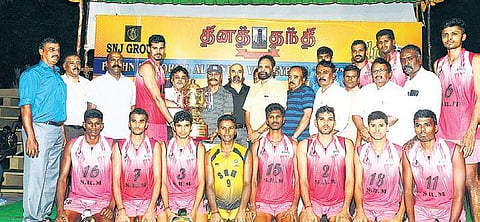 The SRM University men’s volleyball contingent pose with the Dr Sivanthi Gold Cup