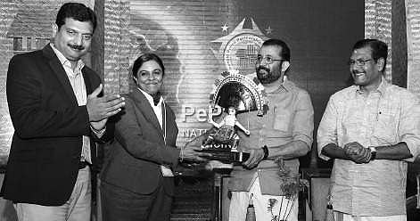 South Zone ADGP B Sandhya handing over a memento to Speaker P Sreeramakrishnan at the national meet on community policing in T’Puram on Friday. DIG Shefeen Ahammed K  and A Sampath MP are also seen | Express