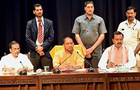 Yogi Adityanath at a meeting of police officers in Lucknow on Monday | pTI