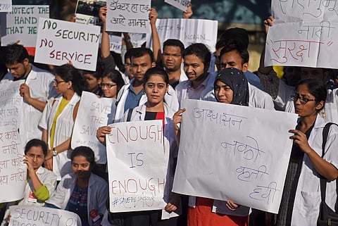 Mumbai Resident doctors protest at the Azad Maidan demanding security after a intern was assaulted by patient's relatives in Mumbai. | PTI