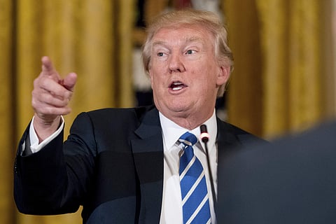 President Donald Trump speaks in the East Room of the White House in Washington, Tuesday, March 7, 2017, during a meeting with the Republican House whip team about the proposed health bill. | AP