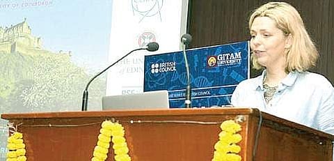 Edinburgh university professor  Victoria Martin giving a lecture at  GITAM University in Visakhapatnam  on Friday | Express