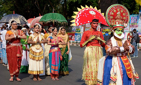Students in their finery taking out colourful processions  as part of the Kerala University Youth Festival inauguration in Thiruvananthapuram on Monday. (Express Photo by Manu R Mavelil)