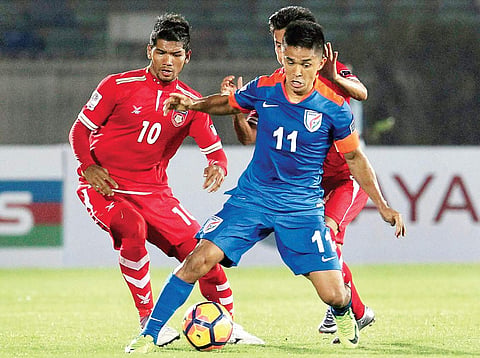 India skipper Sunil Chhetri (centre) was pivotal in helping the team overcome Myanmar at Thuwunna stadium in Yangon on Tuesday | PTI