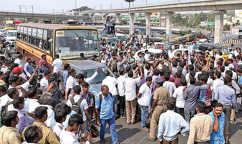Vehicles held up at the busy Kathipara junction in the city, following protests on Thursday | Express
